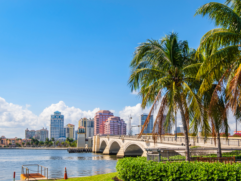 Bridge to Palm Beach Island with downtown West Palm Beach skyline