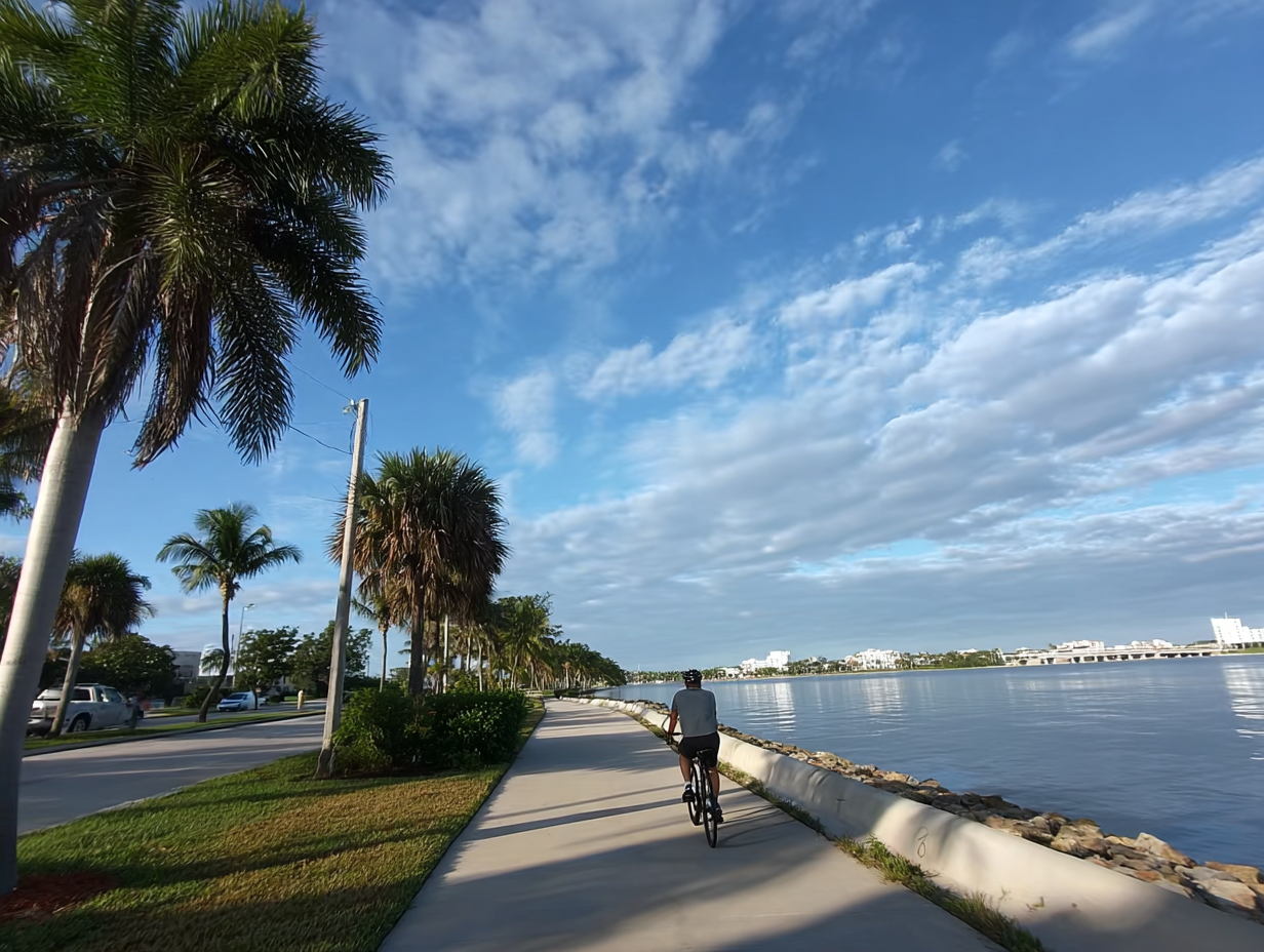 Cyclist along Flagler Drive on the Intracoastal at morning